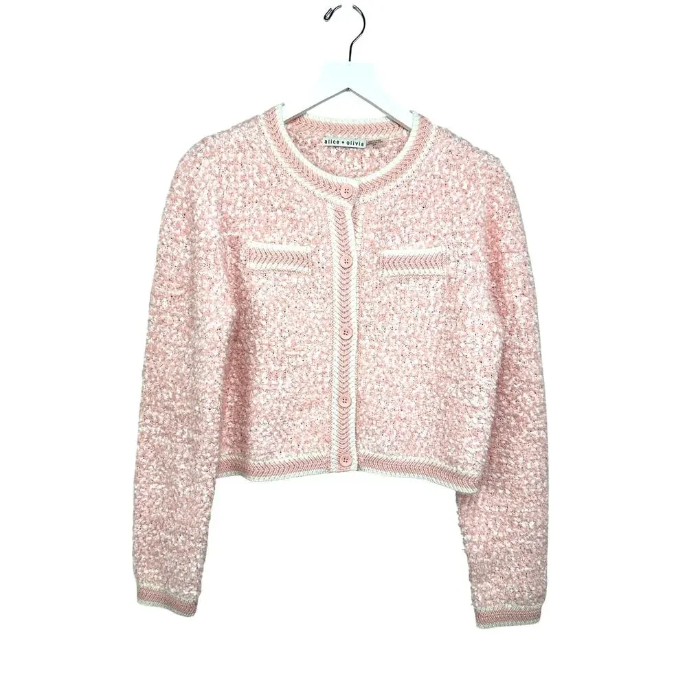 Alice + Olivia Noella Cropped Cardigan Medium Pink Boucle Knit Crew Button Front - Picture 4 of 15